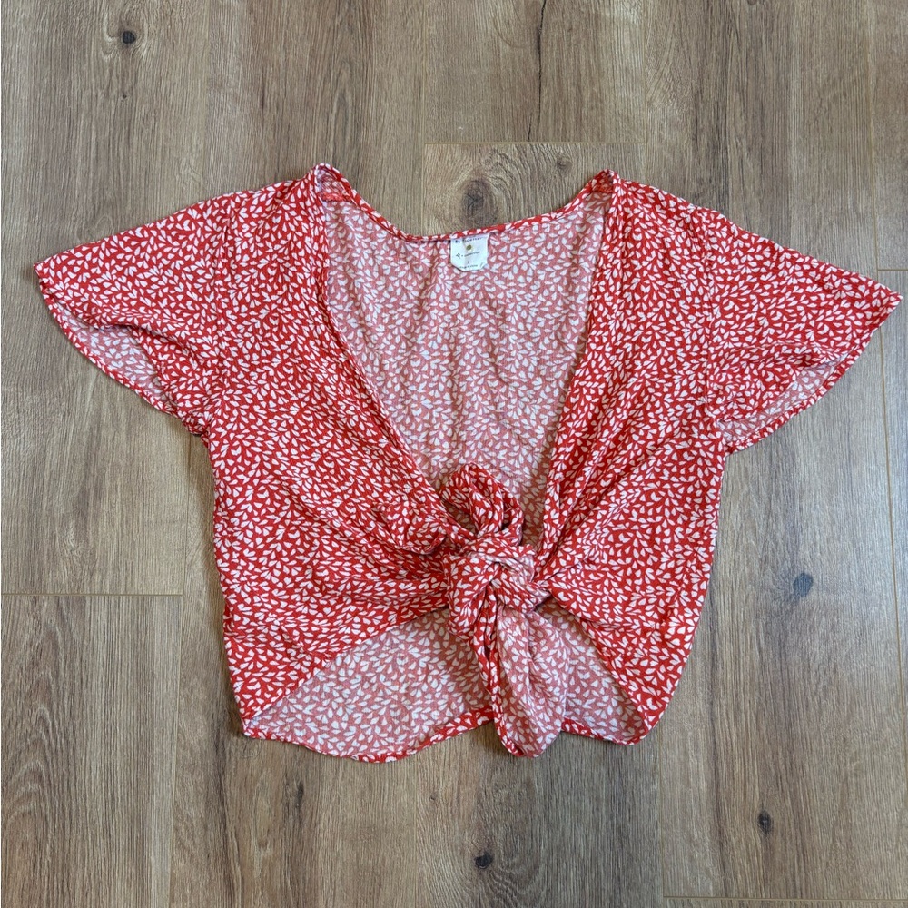 By Together Red Tie-Front with White Leaf Print